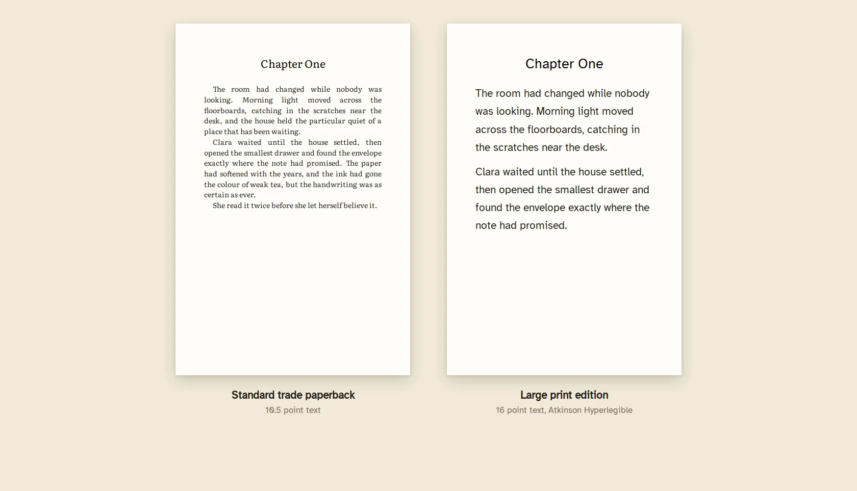 A standard trade paperback page at 10.5 point next to a large print page at 16 point in Atkinson Hyperlegible