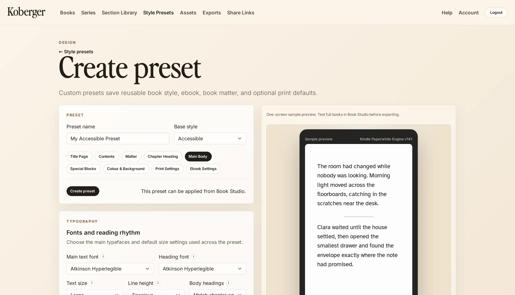The Koberger preset editor showing the Accessible preset with Atkinson Hyperlegible and a live large-text sample