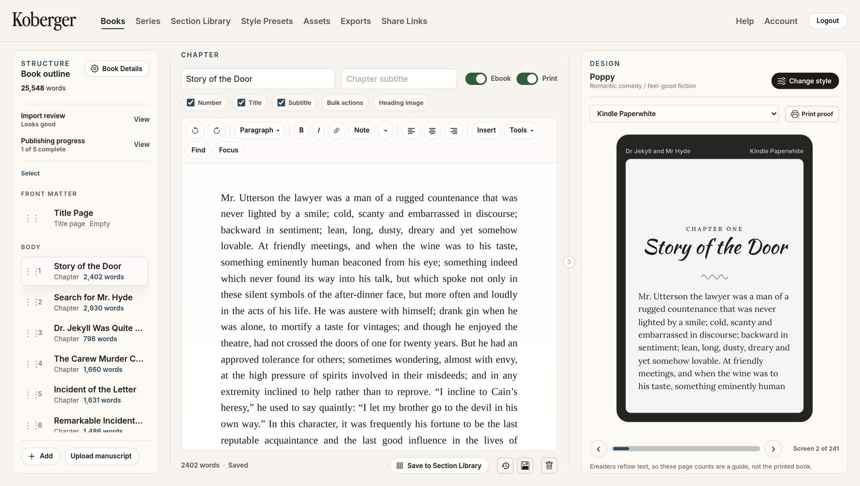 The Koberger book studio with a chapter open beside a live ebook preview shown on a Kindle Paperwhite screen