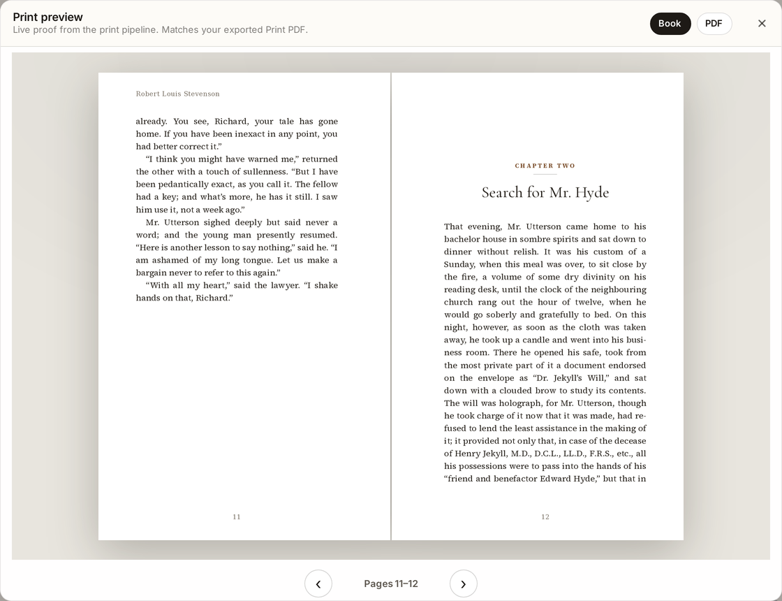 Koberger print preview showing two facing paperback pages with running heads, page numbers, and a chapter opening