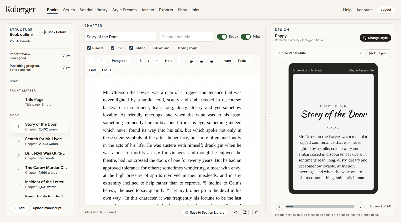 The Koberger workspace: the chapter list of Dr Jekyll and Mr Hyde on the left, a chapter open in the editor, and a live Kindle preview on the right