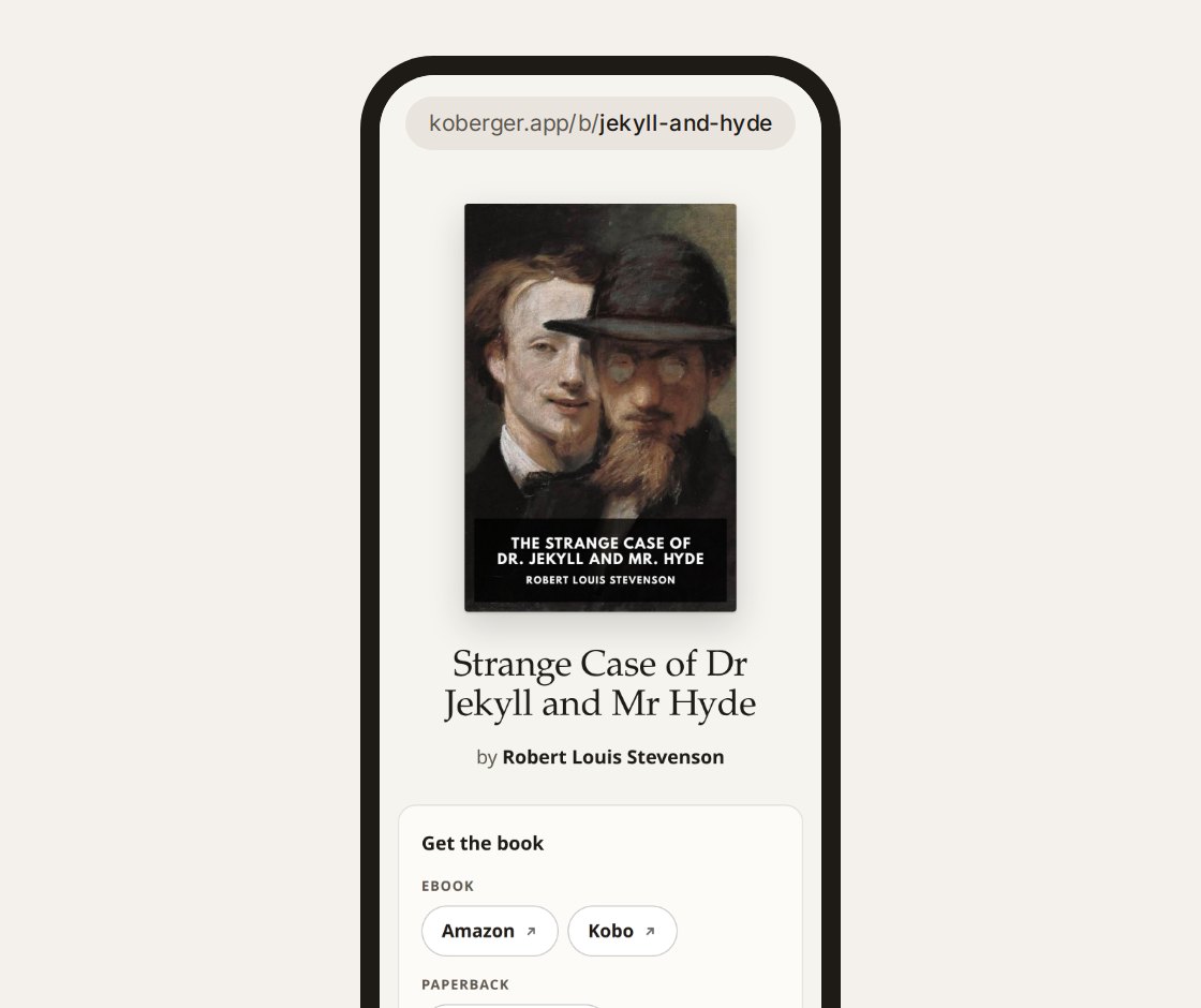 A phone showing the book link page for Dr Jekyll and Mr Hyde at koberger.app/b/jekyll-and-hyde, with the cover and buttons for Amazon, Kobo and Bookshop.org.